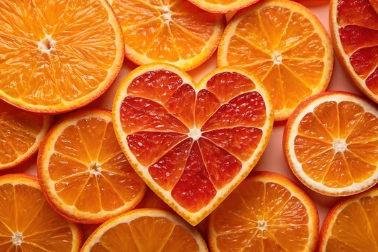 Sliced oranges and blood orange heart citrus fruit image