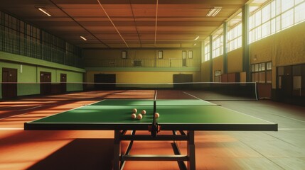 Illuminated indoor ping pong setup with balls ready for an exciting game