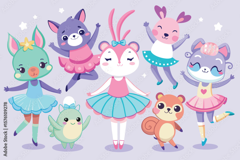 Aufkleber whimsical illustration with eight objects in a colorful and playful style