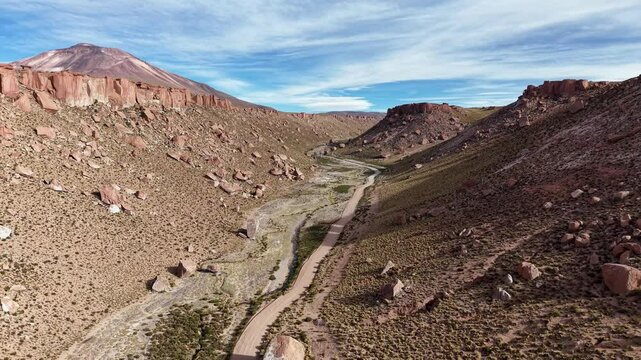Aerial view of the Agua Caliente Ravine, the Toy Store, and the Tuzgle Volcano in Jujuy, Argentina.