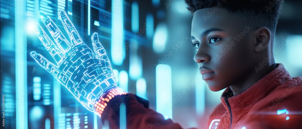 Poster a young man interacts with a glowing holographic interface, displaying digital circuits and futurist