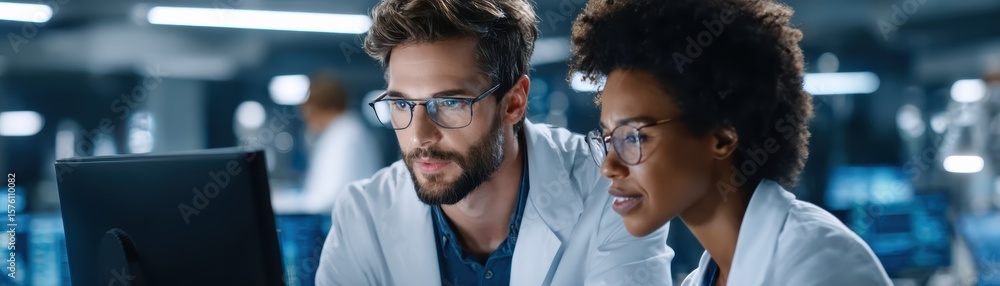 Poster two scientists in lab coats closely examine data on a screen in a modern laboratory with a focused a