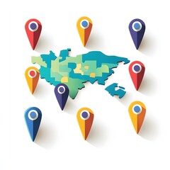Colorful map markers positioned over a geographical representation.