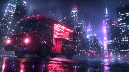 Red food truck in neon-lit city at night, rain