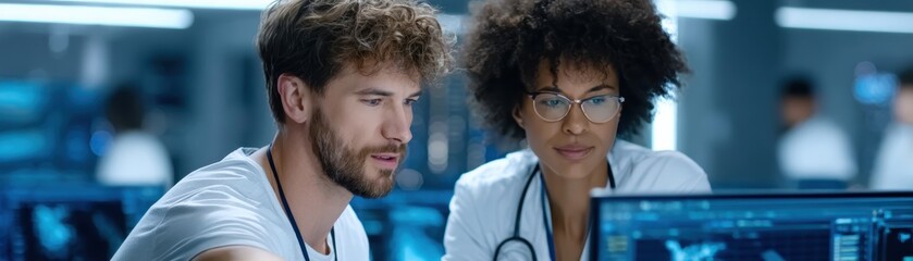 Two medical professionals analyze data on a computer screen in a modern clinical setting.