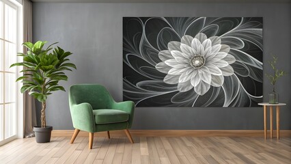 Green armchair and plant in modern living room with floral art