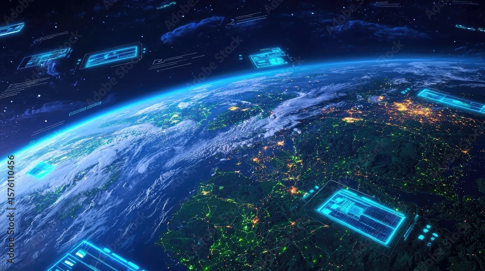 Poster futuristic earth view with digital interfaces and starry background