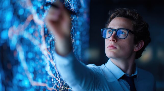 A young man in glasses analyzes a complex digital network displayed on a transparent screen, symbolizing advanced technology and data exploration.