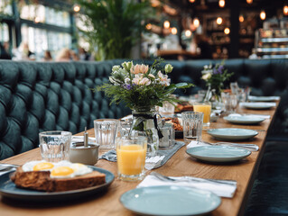 Fototapeta premium Aesthetic brunch setup in trendy café