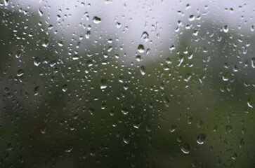 Rain drops on window, blurred green background