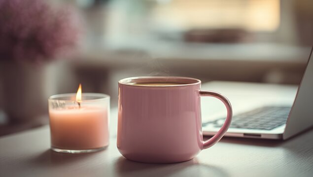 A pink mug with an elegant pattern on it sits beside the laptop, holding a candle that adds warmth and romance to your workday at home. Focus on the face. 