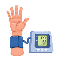 Human Hand With Blood Pressure Measuring Device Cartoon Illustration Vector