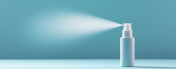 Canister spray substance A refreshing spray bottle dispenses a fine mist against a calm turquoise background, ideal for hydration imagery.