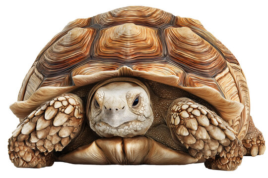 Detailed tortoise with intricate geometric shell patterns, natural textures in warm earth tones front facing, isolated on transparent background.