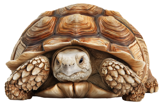 Detailed tortoise with intricate geometric shell patterns, natural textures in warm earth tones front facing, isolated on transparent background.