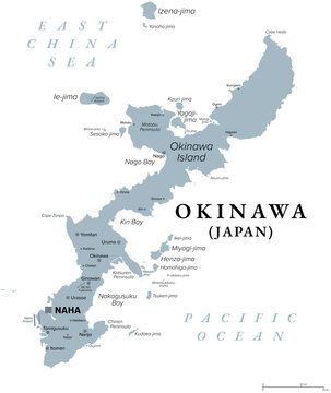 Okinawa Island, Japan, gray political map. One of the five main islands of Japan, and largest of the Okinawa Islands and the Ryukyu islands in the Kyushu region, with the capital Naha. Illustration
