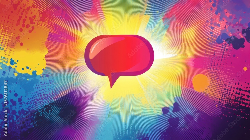 Poster colorful abstract background with a red speech bubble in the center, symbolizing communication and v