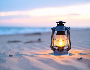 Serene Sunset Beach Scene with a Glowing Oil Lantern Peaceful Coastal Evening Ambiance