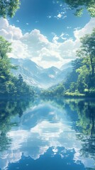 Scenic Mountain Lake with Tree and Cloud Reflections Under Blue Sky