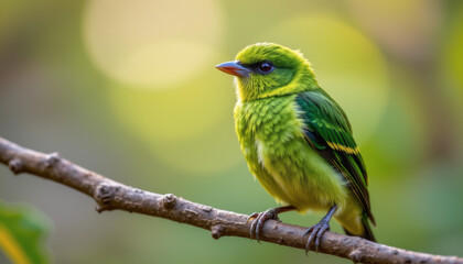 a close up of a green broadbill with intricate, vibrant feathers