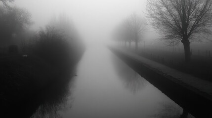 Misty Canal Reflections: A Monochrome Landscape
