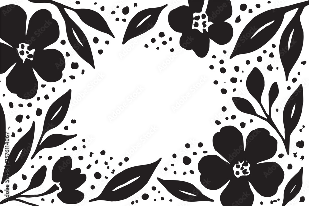 Poster abstract black floral and leaf pattern with scattered dots creating a decorative border on a white b