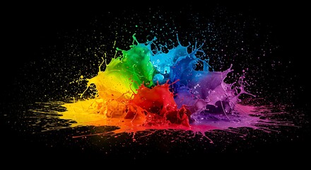 Vibrant splash of rainbow paint on the ground with colorful liquid explosion effect, dynamic abstract design element for creative backgrounds, artistic textures, and modern visual concepts