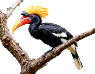 a close up of a helmeted hornbill with striking casque and black body