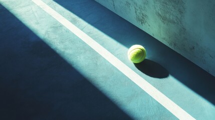 Solitary tennis ball resting on a blue court under dramatic lighting conditions