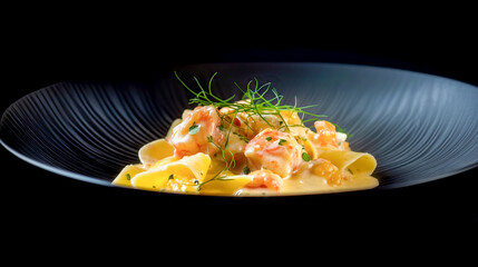 Gourmet pasta with shrimp and creamy sauce on a black plate.