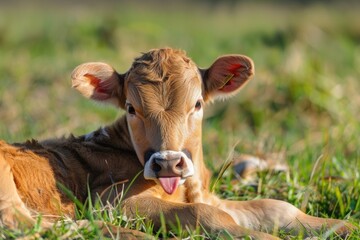 A cute Jersey cow calf lying on the grass, sticking out its tongue and looking at the camera, close-up shot of the entire body, natural lighting, funny moment.