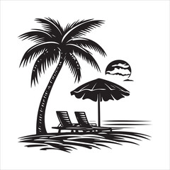 Obraz premium Tropical Beach Scene silhouette, Tropical Beach Scene vector, Summer beach with cute tropical elements, The drawing is black and white and has a vintage feel to it