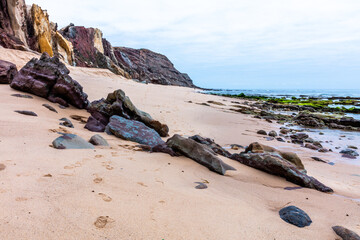 Rock Formations and Sandy Beach at Low Tide in Santa Cruz, Torres Vedras, Portugal