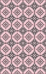 A repeating geometric pattern with black intricate designs on a pink background, evoking a traditional textile or wallpaper style.