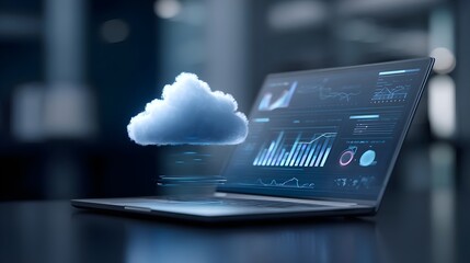 Laptop with floating cloud icons and data charts on a clean digital dashboard.Concept: Cloud computing, data analytics, and modern IT systems. Ideal for  cloud services, SaaS and tech visuals.