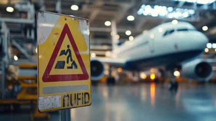 A warning sign in a hangar with an airplane in the background.