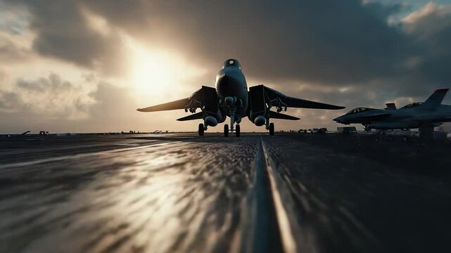 F-14 Tomcat on Aircraft Carrier Deck at Sunset