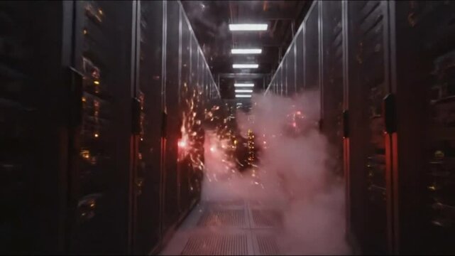 Emergency Server Hall with Red Strobes and Overheating Core Atmosphere