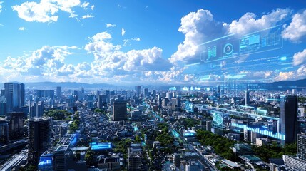 Futuristic Cityscape With Digital Overlay And Clear Blue Sky