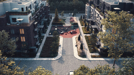 Aerial 3D rendering of an eco-friendly village surrounded by dense forest. Cluster of modern wooden...