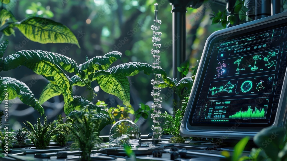 Poster lush greenery with high-tech research interface in a natural lab setting