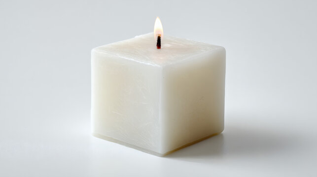 A lit square candle provides a warm, inviting glow against a white background.
