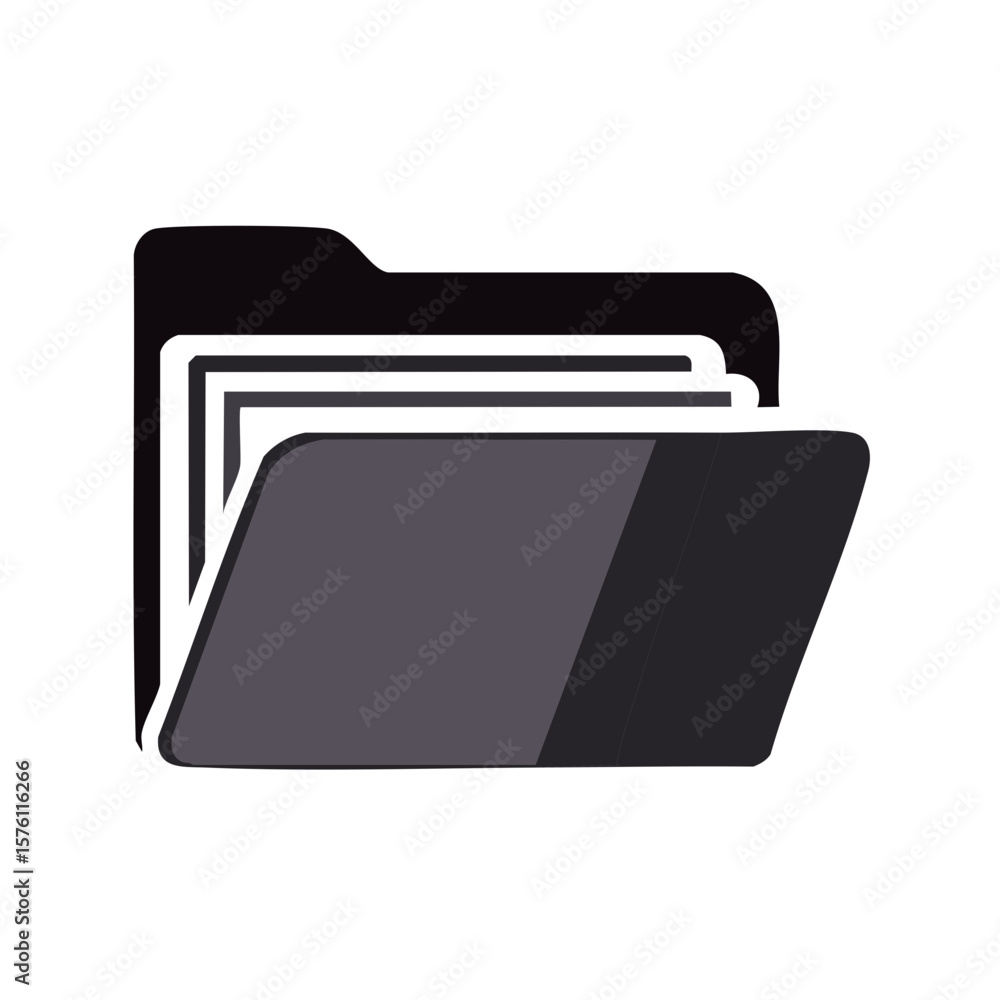 Poster open file folder with documents, organizing and managing information with digital paper work