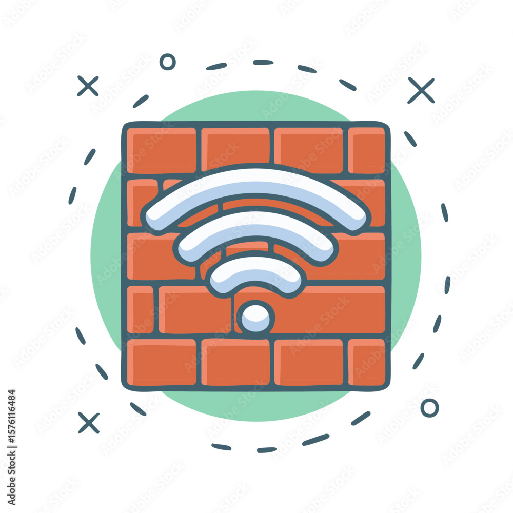 Poster wifi signal on brick wall represents network security and firewall protection for internet access an