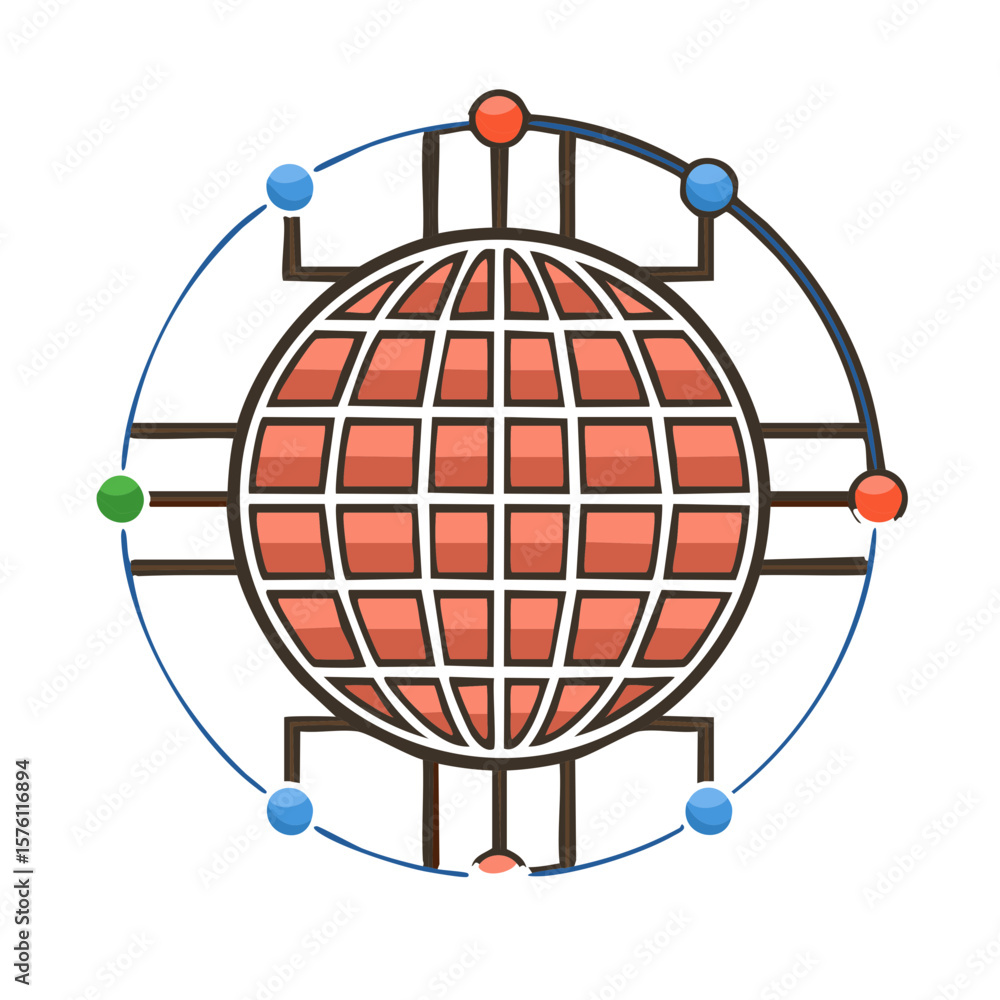 Poster stylized global network: sphere connected with lines and colorful dots symbolizing worldwide connect
