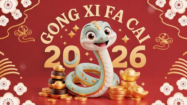 Gong Xi Fa Cai 2026 snake cartoon with festive red background