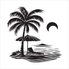 Tropical Beach Scene silhouette, Tropical Beach Scene vector, Summer beach with cute tropical elements, The drawing is black and white and has a vintage feel to it