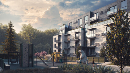 Multi-story modern residential complex with balconies, large windows, and stylish urban surroundings. People walking and cars parked in front.