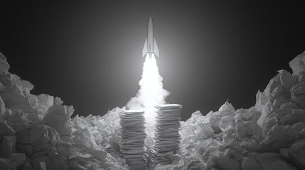 Rocket Launching from a Stack of Papers Amidst a Sea of Crumpled Sheets in a Surreal Monochrome Scene