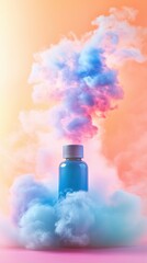Canister spray substance A vibrant blue bottle surrounded by colorful smoke on a pastel background, creating a dynamic and eye-catching scene.